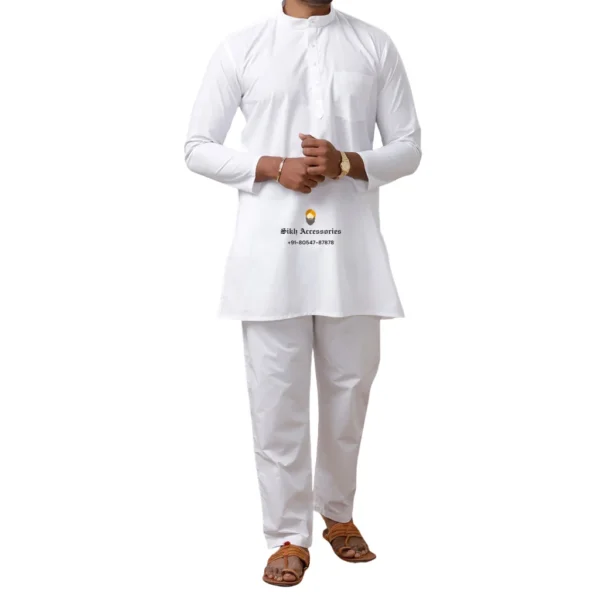 Medium Length White Kurta Pajama With Ban Collar