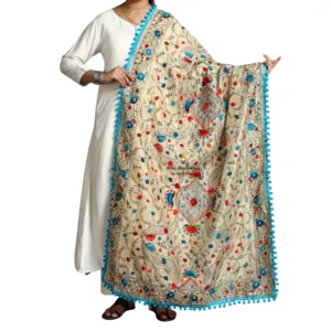 Off-white Ranihati Chanderi Silk Punjabi Phulkari Dupatta