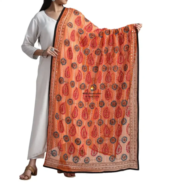 Orange Ranihati Georgette Punjabi Phulkari Dupatta