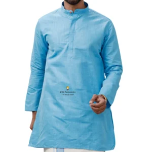 Powder Blue Medium Length Cotton Kurta For Men