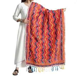 Red Ranihati Chanderi Silk Punjabi Phulkari Dupatta