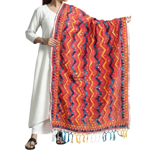 Red Ranihati Chanderi Silk Punjabi Phulkari Dupatta
