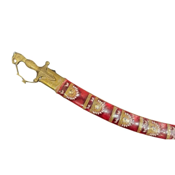 Reddish Maroon Wedding Sword With Golden Work & Tiger Handle