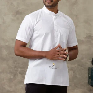 White Half Sleeve Plain Short Length Cotton Kurta With Pocket