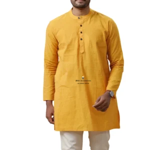 Yellow Medium Length Cotton Kurta For Men