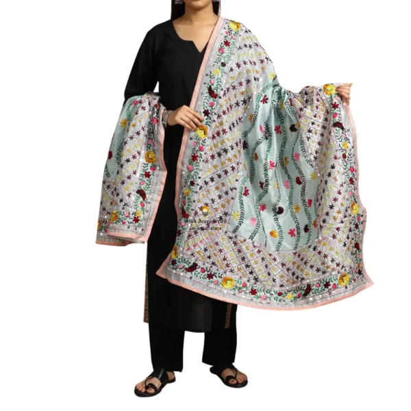 Alice Blue Ranihati Chanderi Silk Punjabi Phulkari Dupatta