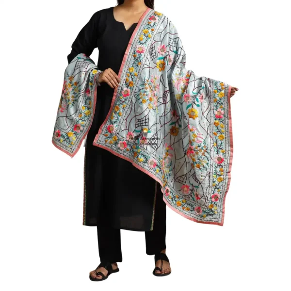 Arctic Blue Ranihati Chanderi Silk Punjabi Phulkari Dupatta