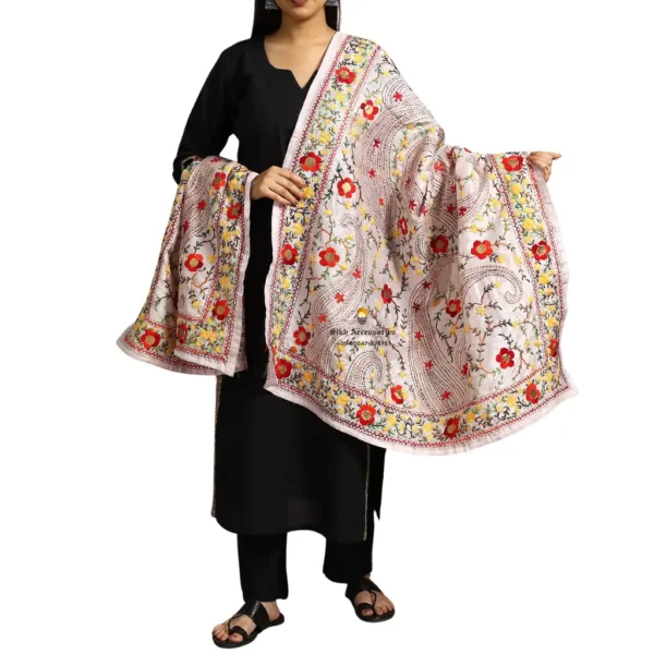 Baby Pink Ranihati Chanderi Silk Punjabi Phulkari Dupatta