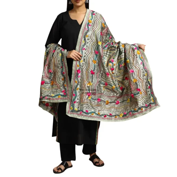 Beige Ranihati Chanderi Silk Punjabi Phulkari Dupatta