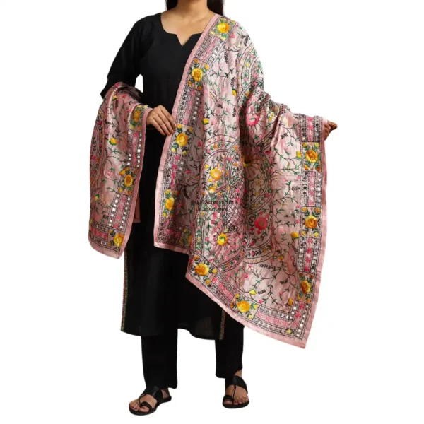 Blush Pink Ranihati Chanderi Silk Punjabi Phulkari Dupatta