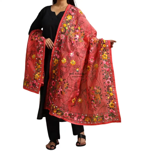 Blush Red Ranihati Chanderi Silk Punjabi Phulkari Dupatta