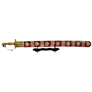 Bright Maroon Wedding Sword With Khanda Design