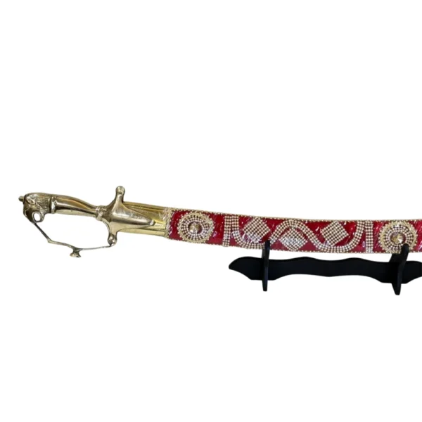 Bright Maroon Wedding Sword With Tiger Handle & Pearl Work