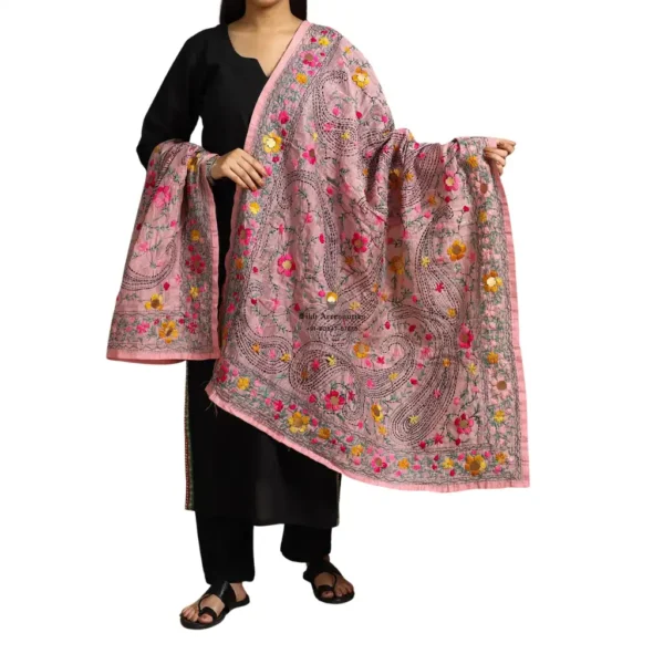 Cameo Pink Ranihati Chanderi Silk Punjabi Phulkari Dupatta