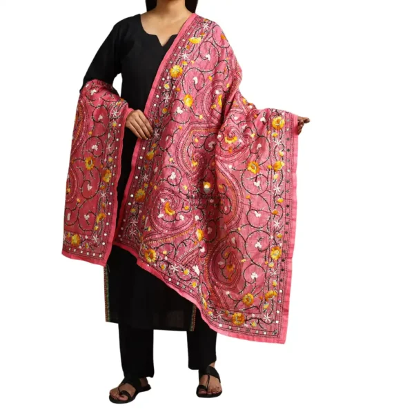 Candy Pink Ranihati Chanderi Silk Punjabi Phulkari Dupatta