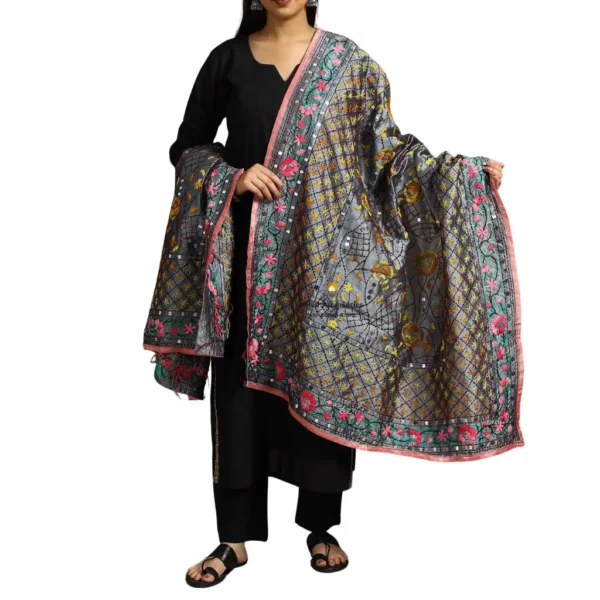 Carbon Gray Ranihati Chanderi Silk Punjabi Phulkari Dupatta