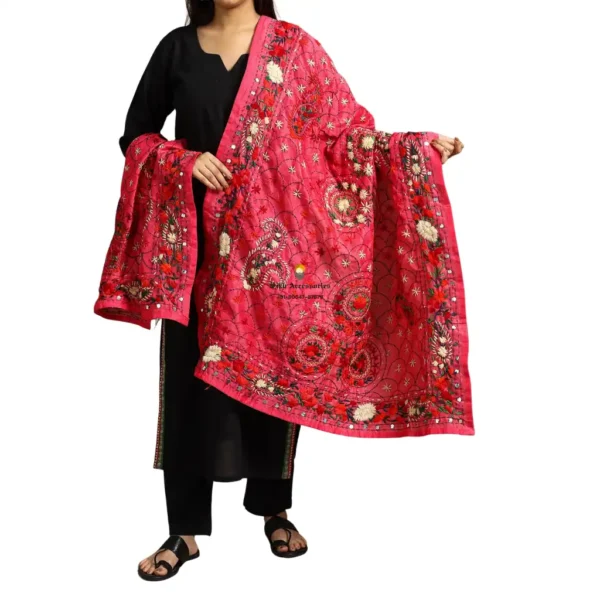 Cardinal Red Ranihati Chanderi Silk Punjabi Phulkari Dupatta