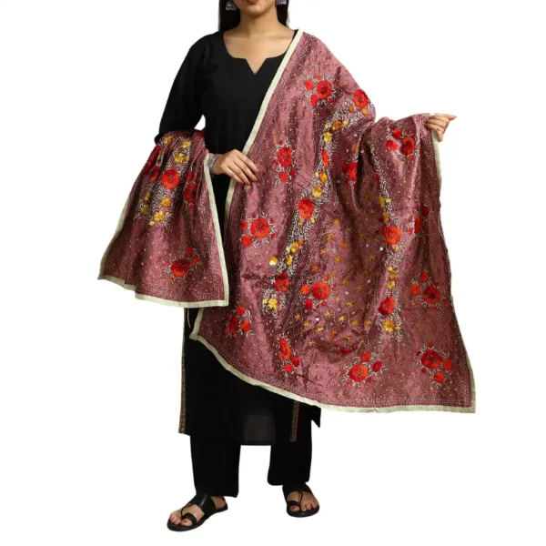 Cordovan Red Ranihati Chanderi Silk Punjabi Phulkari Dupatta
