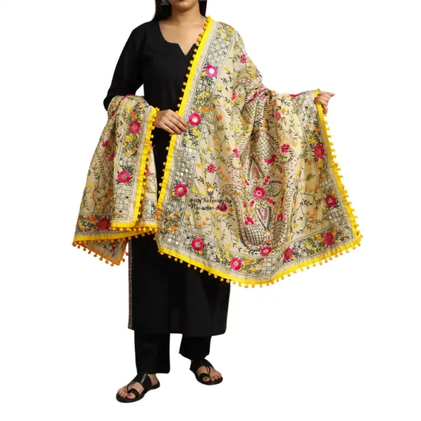 Cream Ranihati Chanderi Silk Punjabi Phulkari Dupatta