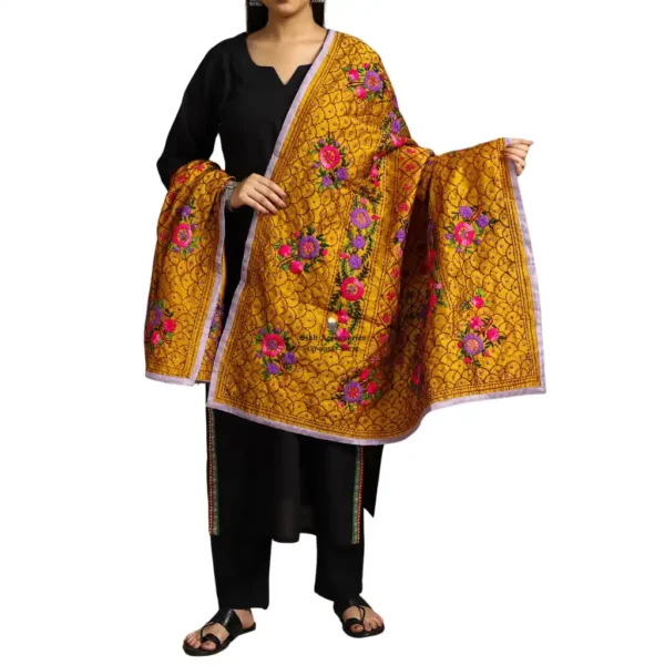 Dark Yellow Ranihati Chanderi Silk Punjabi Phulkari Dupatta