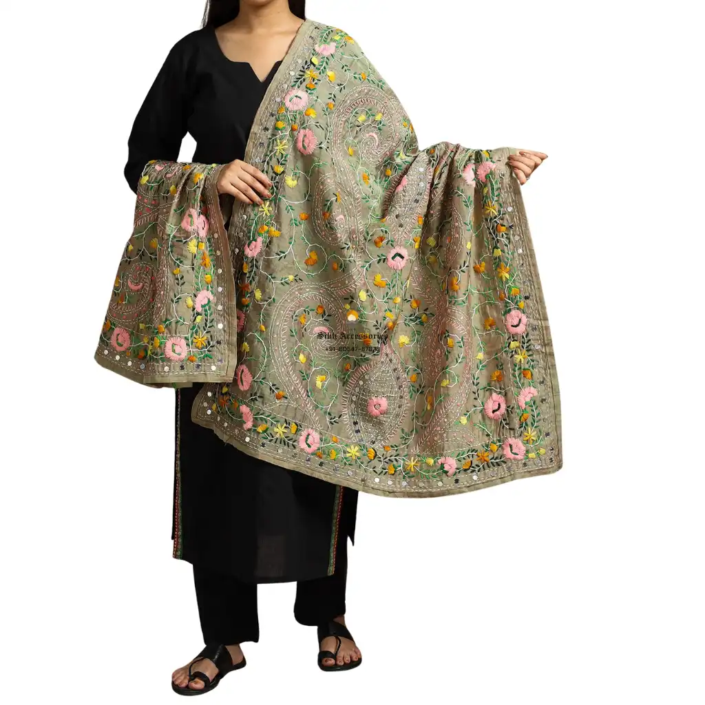Ecru Brown Ranihati Chanderi Silk Punjabi Phulkari Dupatta
