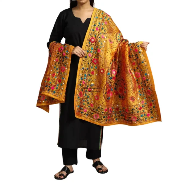 Gold Ranihati Chanderi Silk Punjabi Phulkari Dupatta