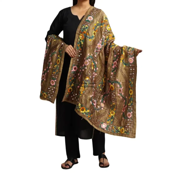 Golden Brown Ranihati Chanderi Silk Punjabi Phulkari Dupatta