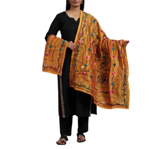Honey Yellow Ranihati Chanderi Silk Punjabi Phulkari Dupatta