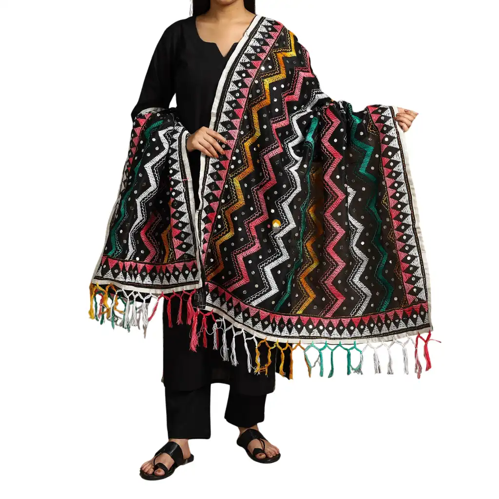 Ink Black Ranihati Chanderi Silk Punjabi Phulkari Dupatta