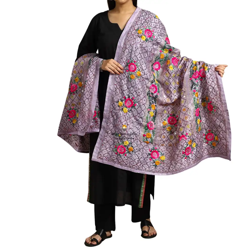 Lavender Ranihati Chanderi Silk Punjabi Phulkari Dupatta