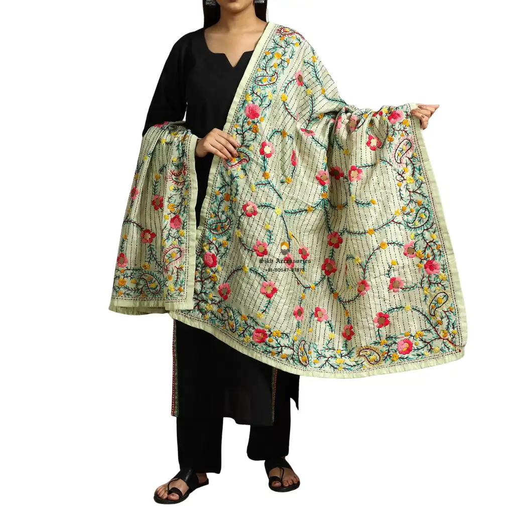 Light Yellow Ranihati Chanderi Silk Punjabi Phulkari Dupatta