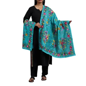 Maya Blue Ranihati Chanderi Silk Punjabi Phulkari Dupatta