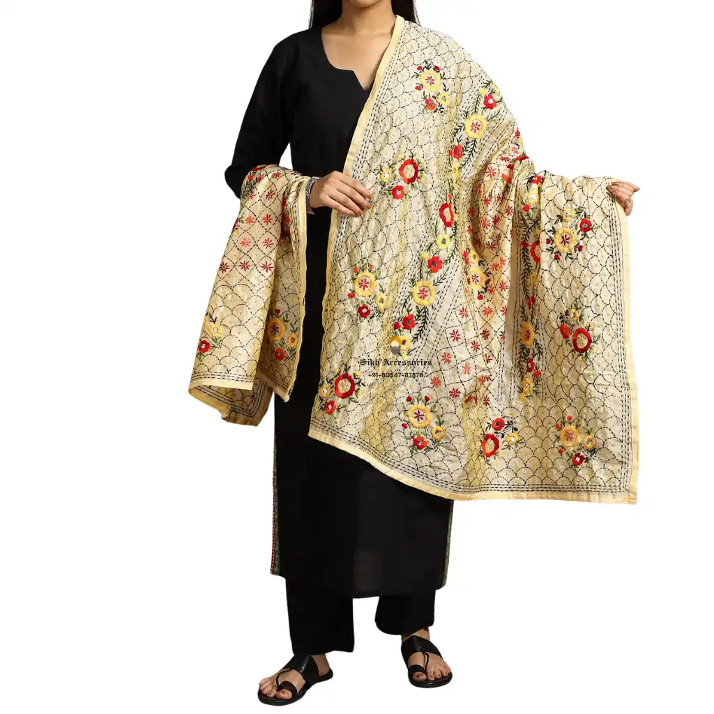 Mimosa Yellow Ranihati Chanderi Silk Punjabi Phulkari Dupatta