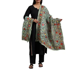 Mint Green Ranihati Chanderi Silk Punjabi Phulkari Dupatta