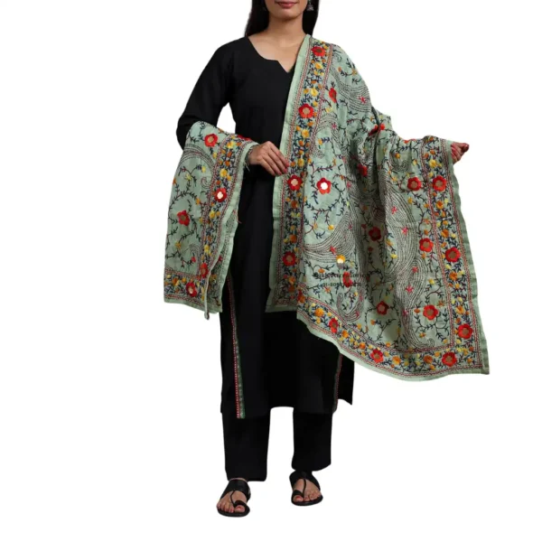 Mint Green Ranihati Chanderi Silk Punjabi Phulkari Dupatta