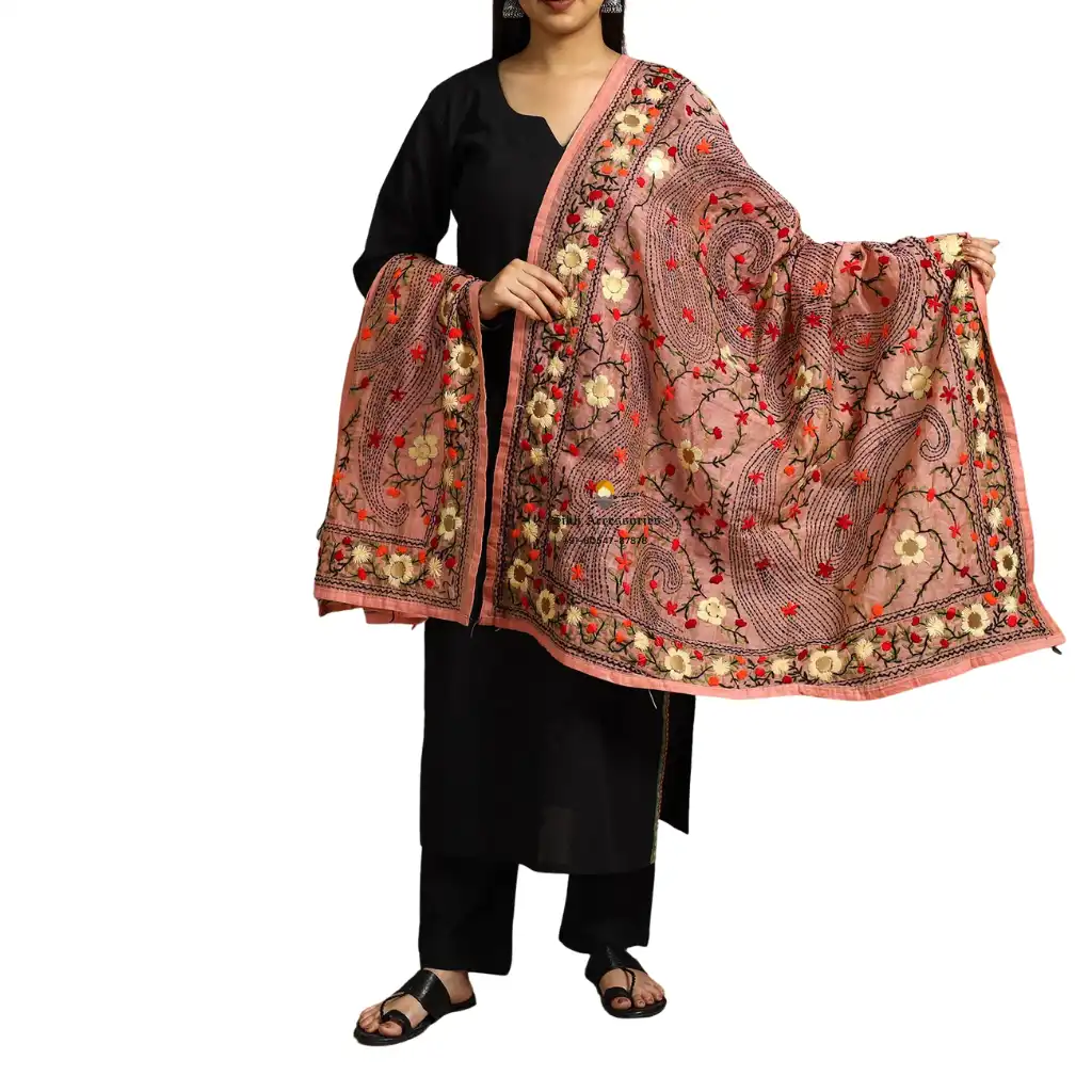 New York Pink Ranihati Chanderi Silk Punjabi Phulkari Dupatta