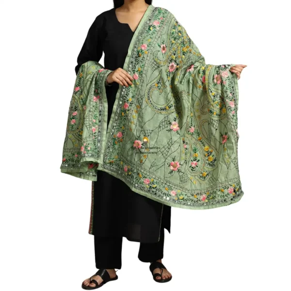 Olive Green Ranihati Chanderi Silk Punjabi Phulkari Dupatta