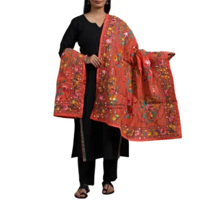 Orange Ranihati Chanderi Silk Punjabi Phulkari Dupatta