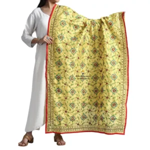 Pastel Yellow Ranihati Chanderi Silk Punjabi Phulkari Dupatta