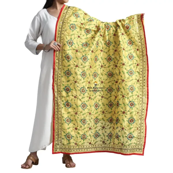 Pastel Yellow Ranihati Chanderi Silk Punjabi Phulkari Dupatta