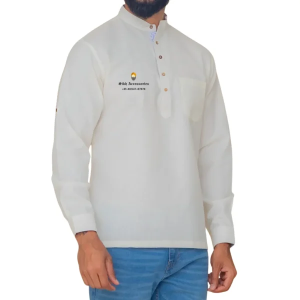 Pearl White Full Sleeves Short Kurta For Men