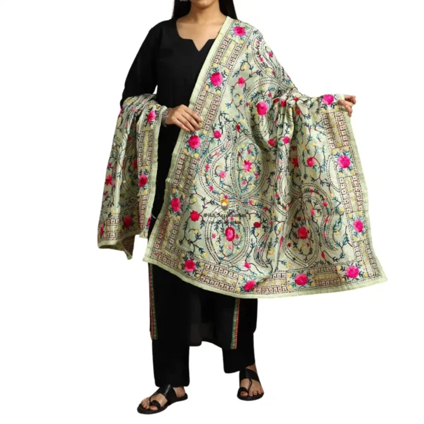 Pearl White Ranihati Chanderi Silk Punjabi Phulkari Dupatta