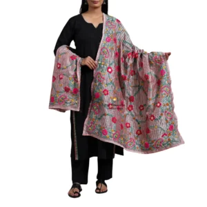 Pink Ranihati Chanderi Silk Punjabi Phulkari Dupatta