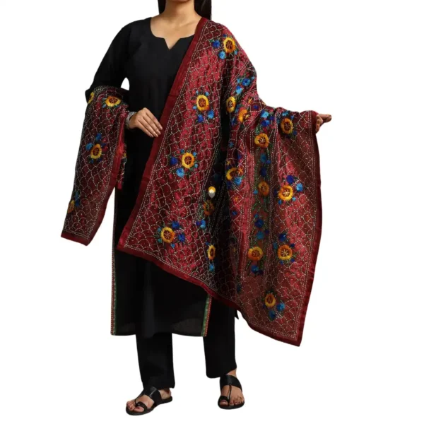 Plum Purple Ranihati Chanderi Silk Punjabi Phulkari Dupatta