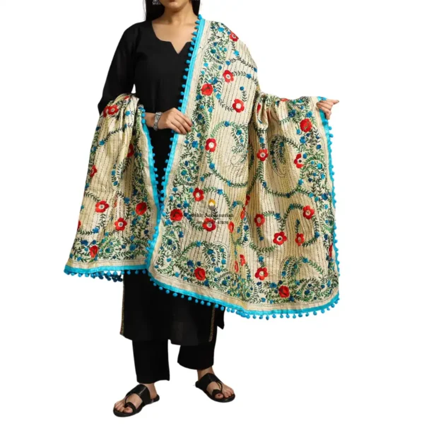 Powder White Ranihati Chanderi Silk Punjabi Phulkari Dupatta
