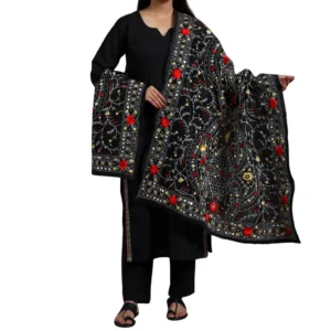 Pure Black Ranihati Chanderi Silk Punjabi Phulkari Dupatta