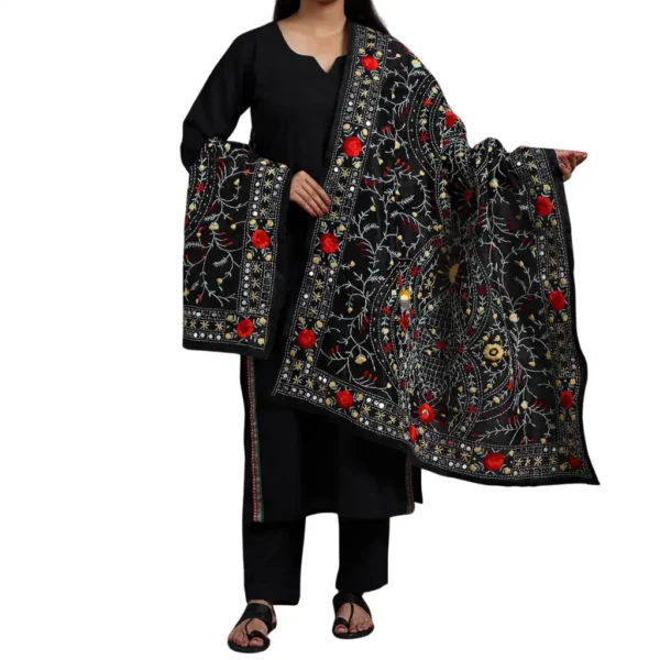 Pure Black Ranihati Chanderi Silk Punjabi Phulkari Dupatta