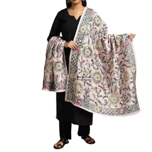Rose White Ranihati Chanderi Silk Punjabi Phulkari Dupatta