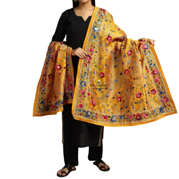 Saffron Ranihati Chanderi Silk Punjabi Phulkari Dupatta