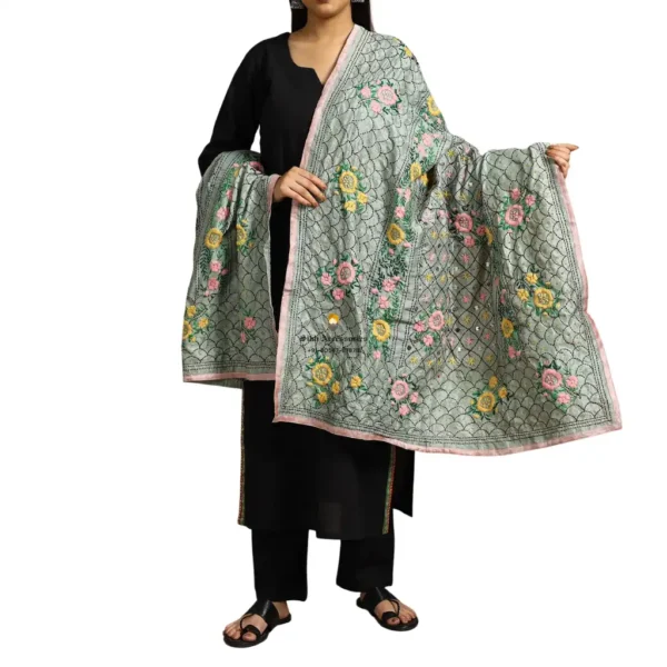 Sage Green Ranihati Chanderi Silk Punjabi Phulkari Dupatta